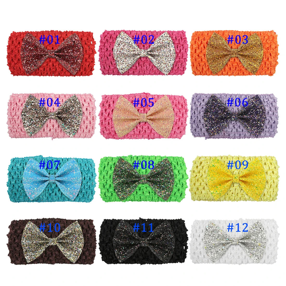 12pcs/lot Glitter Bows Headband for Girls Hollow Out Crochet Band Kids