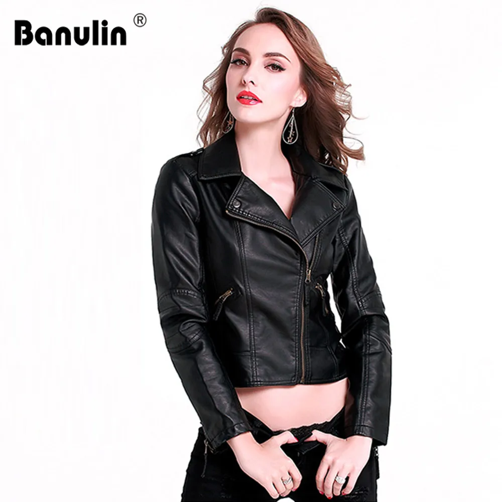 

Female 2019 New Design Spring Autumn PU Leather Jacket Faux Soft Leather Coat Slim Black Rivet Zipper Motorcycle Jacket Plus 4XL