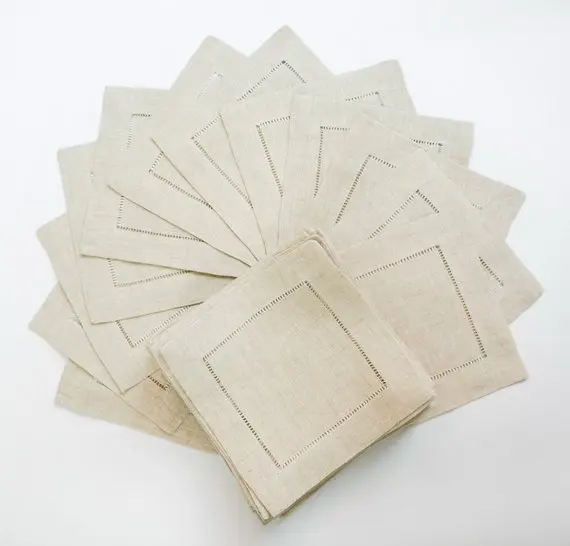 

12 hemstitch linen Cotton cocktail napkins in natural color, 7.8"x7.8"/20*20cm