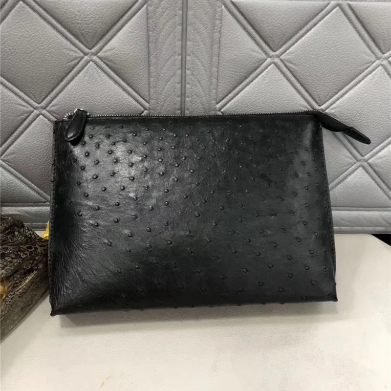 

Authentic Ostrich Skin Zipper Closure Businessmen Black Clutch Purse Exotic Genuine Leather Wristlets Bag Male Large Card Case