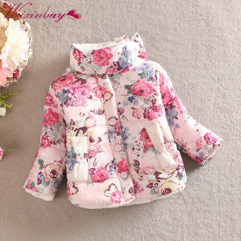 

Winter Coat Kid Baby Girl Floral Stand Collar Long Sleeve Bow Outerwear for 2-6Y