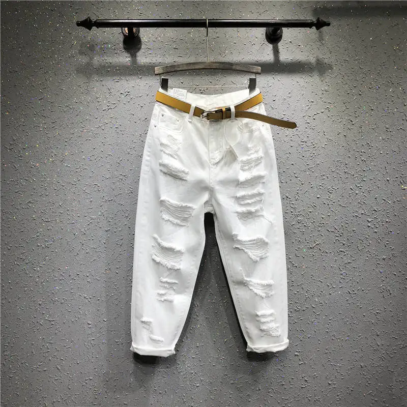 Повседневные белые джинсы женские летние рваные женские джинсы Mujer джинсовые шаровары женские свободные женские джинсы Femme C5499 - Цвет: white