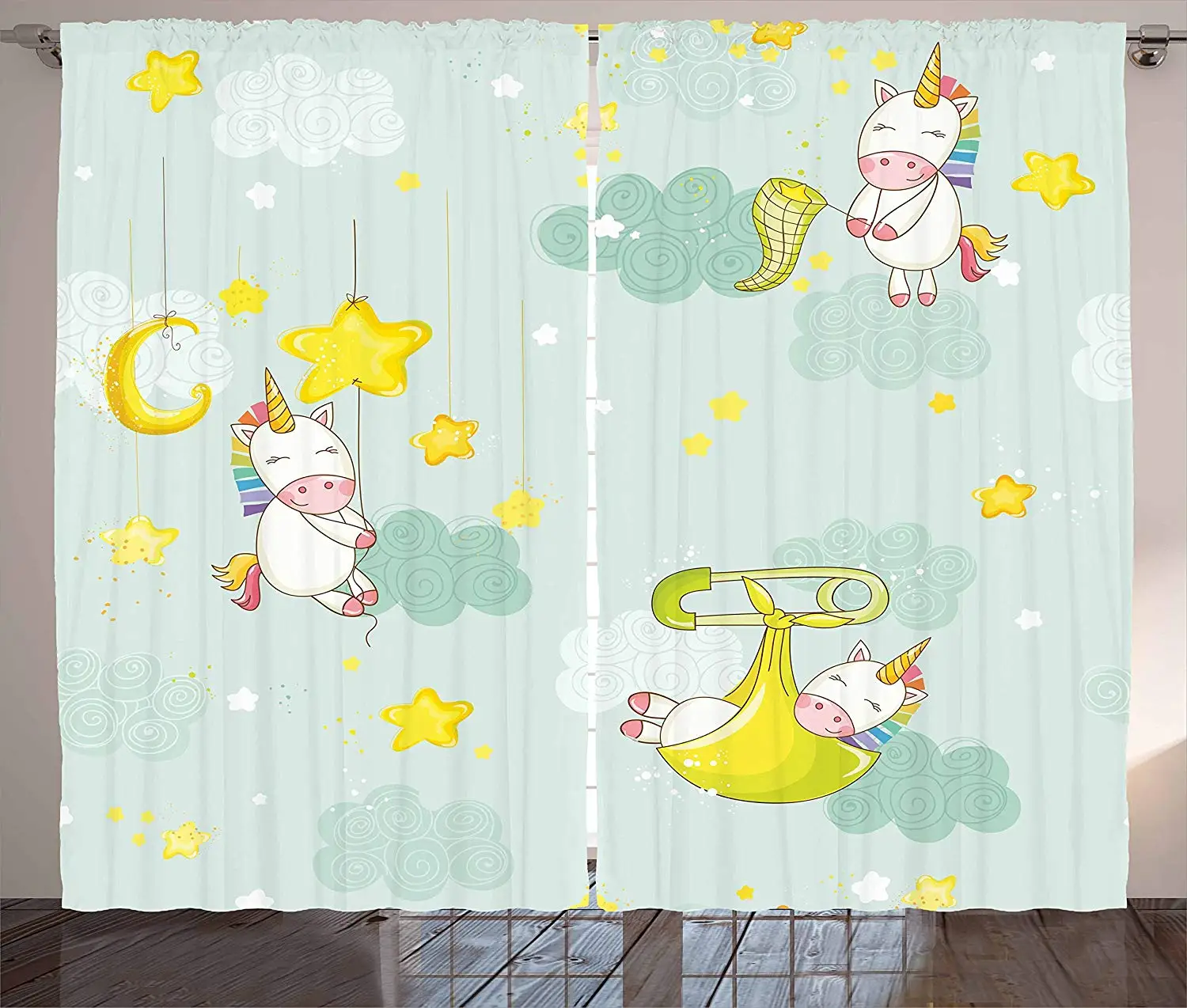 

Unicorn Party Curtains Night Illustration with Colorful Cartoon Animals Sleeping and Catching Stars Living Room Window Drapes