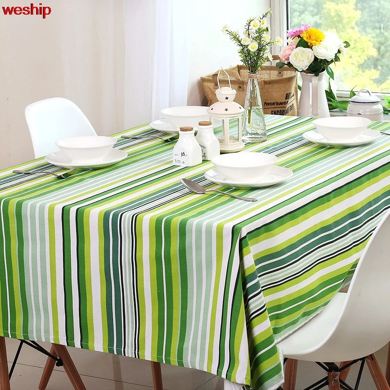 Green stripe European rural Style cotton and linen tablecloth for