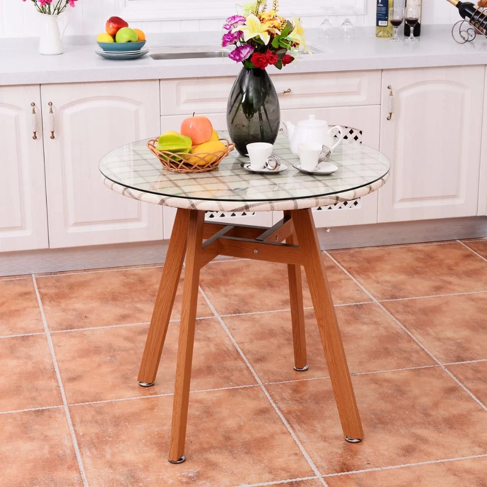 Goplus Round Dining Table Steel Frame Tempered Glass Top Modern Table Wooden Leg Desk Home Decor Kitchen Furniture HW54171