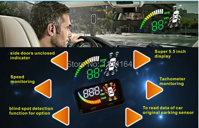

5.5 car hud head up display HUD blind spot detection OBD II 12V 2 reverse 2front sensors2 blind spot sensorsFuel speed display