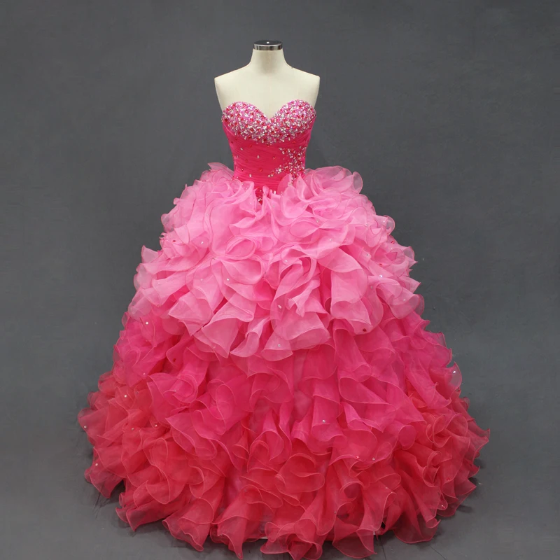 Cheap Quinceanera Gowns Ruffles Organza Crystal Beading Ball Gown Hot