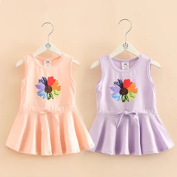 

2020 Summer 2 3 4-10 Years Children Cotton Painting Cartoon Big Floral Print Waist Drawstring Kids Girl Flower Sleeveless Dress