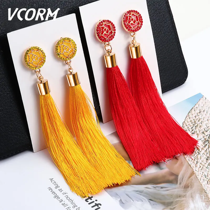 

VCORM Bohemian Statement Long Tassel Drop Earrings for Women Fashion Vintage Ethnic Crystal Dangle Fringe Lady Earring jewelry