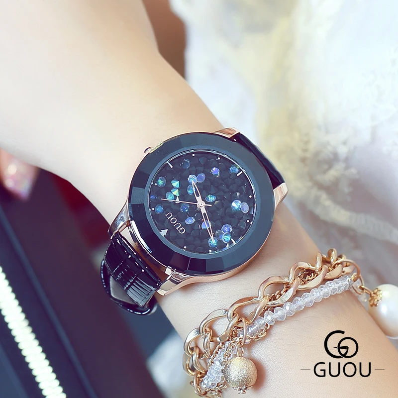 

GUOU Brand Fashion Women Watch exquisite crystal Reloj mujer Analog Quartz Wrist Watch Women Leather Watches Montre Femme