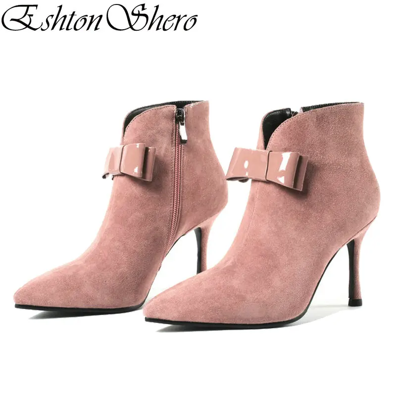 

EshtonShero Women Ankle Boots Shoes Woman Kid Suede+ PU Zipper Pointed Toe Thin High Heel Pink Ladies Wedding Boot Size 34-43
