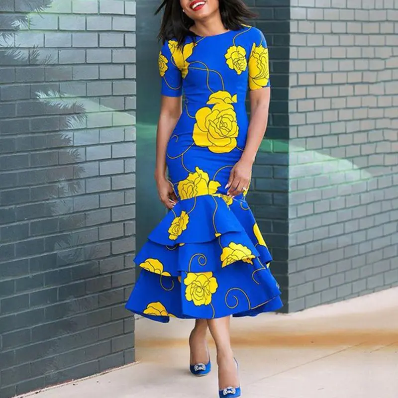 

Summer Elegant Party OL Office Ladies Plus Size Dress Women Mermaid Bodycon Floral Ruffles Purple Trumpet Female Midi Dress