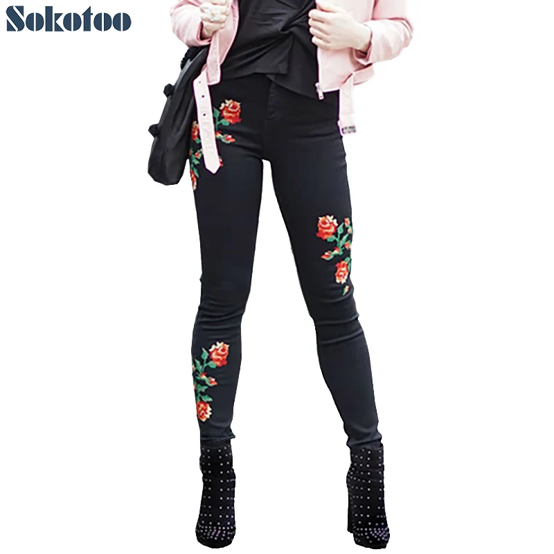 black rose embroidered jeans