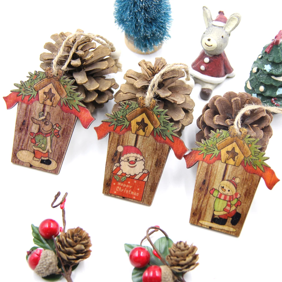 

9PCS Printed Mini House Christmas Wooden Pendants Xmas Tree Ornament DIY Wood Crafts Home Christmas Party Decorations Kids Gifts