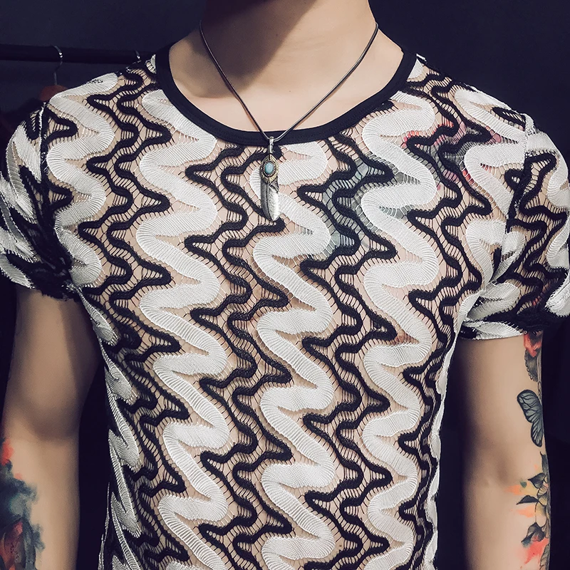 Verano superior raya camisetas para hombre elástico apretado camisetas personalizada slim fit transparente camiseta Homme 2018 moda Club Verano superior raya camisetas para hombre elástico apretado camisetas personalizada slim fit transparente camiseta Homme 2018 moda Club