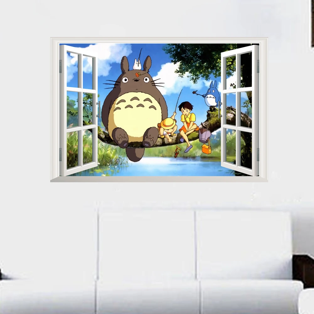 3d эффект рыбалки Тоторо окна наклейки на стену спальня домашний декор мультфильм наклейки на стены ПВХ Фреска Искусство diy Плакат Украшение