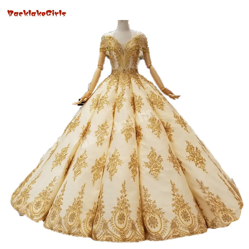 

2018 Collection Formal Muslim Champagne And Gold Lace Beading Crystals Off The Shoulder Luxury Vintage Arabic Evening Prom Dress