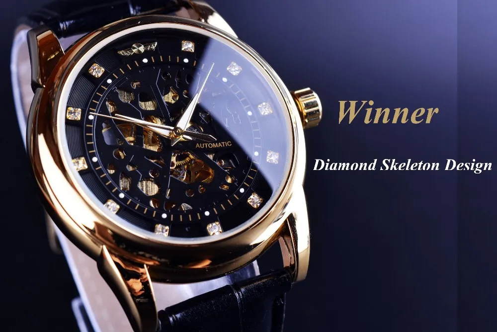 Winner Royal Diamond дизайнерские черные золотые часы Montre Homme мужские часы лучший бренд класса люкс Relogio мужские механические часы со скелетом