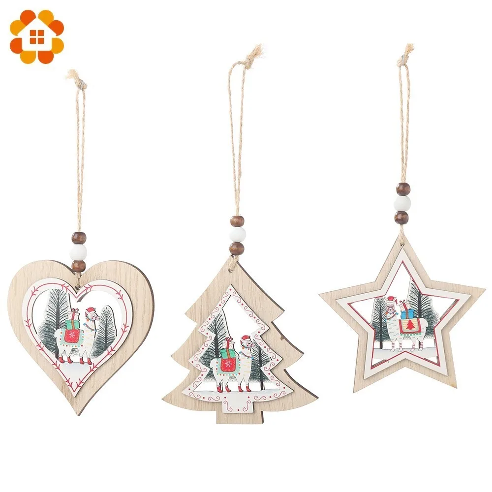 

1PC DIY Alpaca Star/Heart Type Christmas Wooden Pendants Ornaments For Christmas Party Xmas Tree Hanging Kids Gifts Decorations