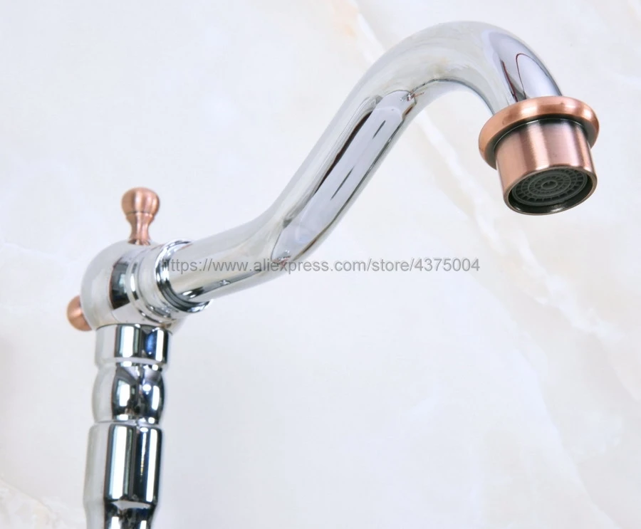 Bathroom Sink Faucet Polished Chrome And Red Copper 360 Rotable Basin Faucet Water Tap Single Handle Cold and Hot Water Nnf916