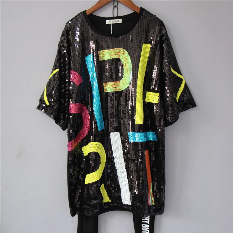 

2018 summer new large size sequined diamond loose long black fashion T-shirt female