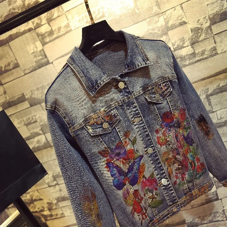 WHITNEY WANG 2019 демисезонный модная уличная характер Florals роспись джинсовая куртка для