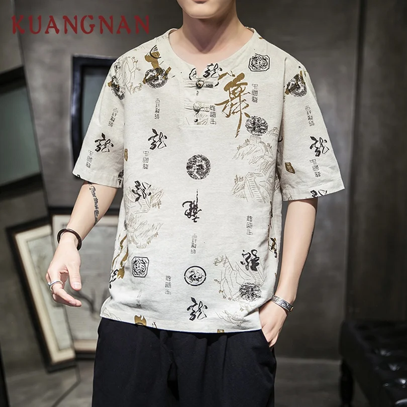 

KUANGNAN Chinese Style V-Neck T Shirt Men Tshirt Men T-Shirt Harajuku Funny T Shirts Men Clothes 2019 Summer Top Streetwear 5XL