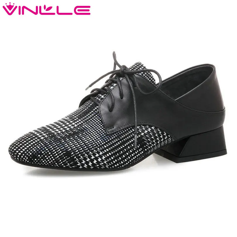 

VINLLE 2018 Women Pumps Pointed Toe Genuine Leather Square Low Heel Platform Lace Up Ladies Casual Shoes Size 34-42