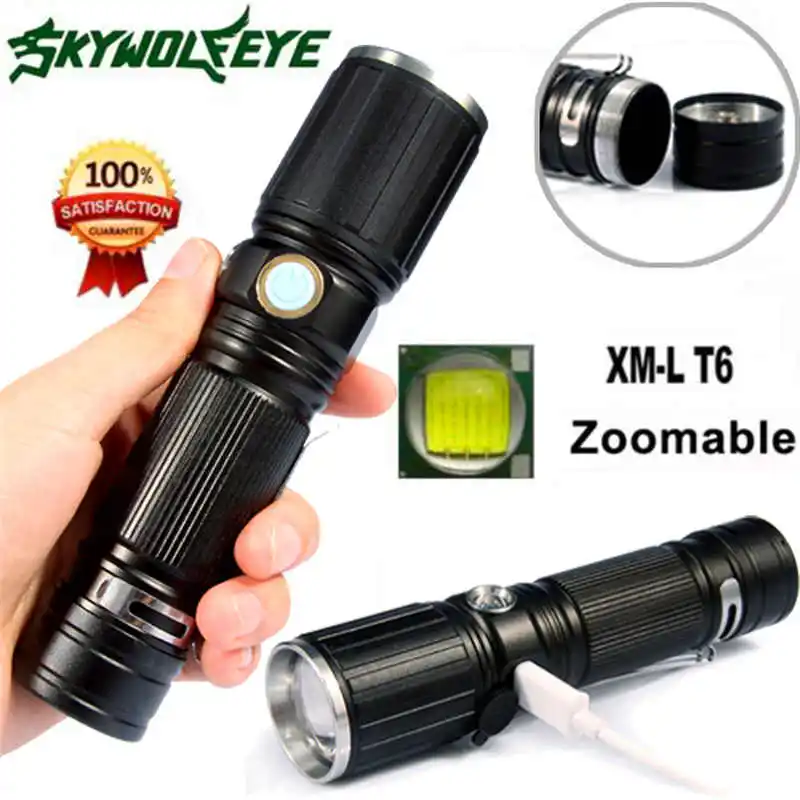 Skywolfeye XML T6 powerful LED Flashlight 18650 Battery+USB Rechargeable+Side Red LED Lights lanterna led t6 #3o5 (17)