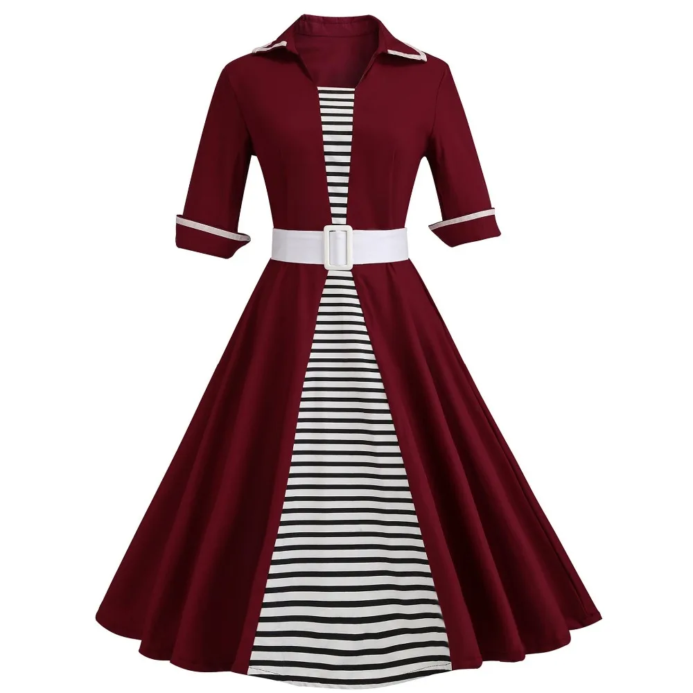 

Women Shirt Collar Sailor Stripes 3/4 Sleeve Work Party Elegant 1950s Retro Vintage Dress with Belt