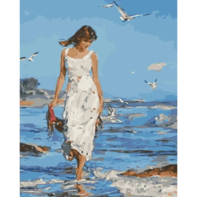 

Painting By Numbers DIY Dropshipping 40x50 60x75cm Beautiful girl at the beach Figure Canvas Wedding Decoration Art picture Gift