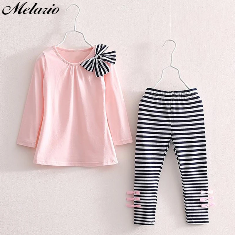 Melario/комплекты одежды для маленьких девочек модная весенне-осенняя футболка с длинными рукавами и большим бантом+ повседневные штаны в полоску комплекты детской одежды из 2 предметов