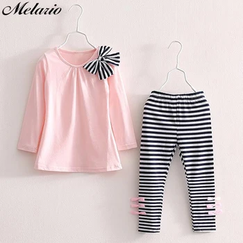 

Melario Baby Girls Clothing Sets Fashion spring Autumn Long Sleeve Big bow T-shirt+casual striped pants 2pcs Kids Clothing Sets