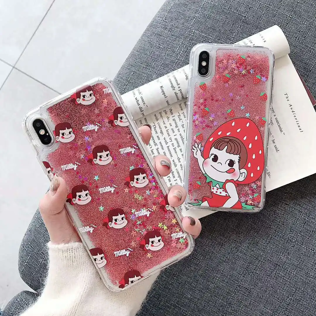 

Cute Quick Sand Strawberry Maruko Star Cover for iphone 6 6s 7 8 Plus Xr XS MAX X Water Liquid Flash Back Cases Fundas