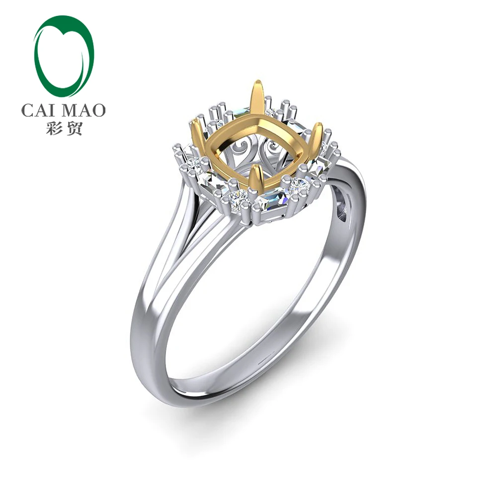 Caimao 6 мм Подушка 0.18ct багет и круглый бриллиант 14k белое и желтое золото Сплит хвостовик кольцо Caimao 6 мм Подушка 0.18ct багет и круглый бриллиант 14k белое и желтое золото Сплит хвостовик кольцо