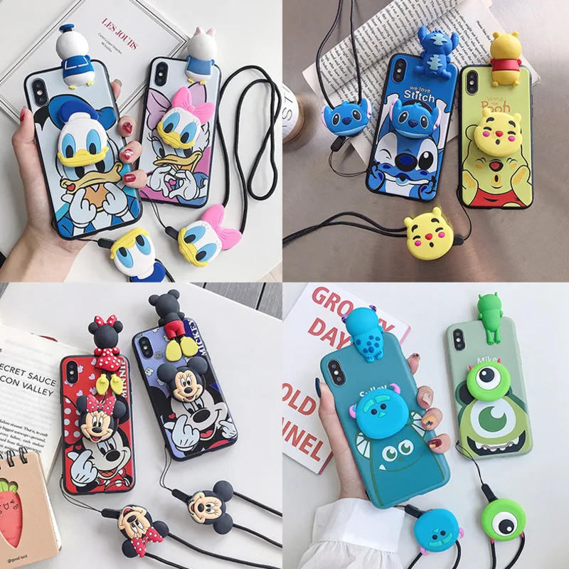 

New cartoon lanyard phone case for iPhone X XS XR XSMax 8 7 6 6S PluS all-inclusive soft shell bracket drop protection cover