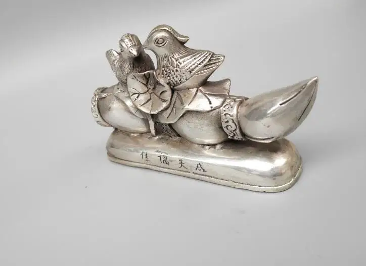 

Chinese white copper mandarin duck lotus root crafts statue