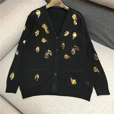 Роскошный дизайнерский брендовый вязаный кардиган для женщин, v-образный вырез, Золотой лист, вышивка пайетками, ажурный вязаный свободный свитер - Цвет: Черный