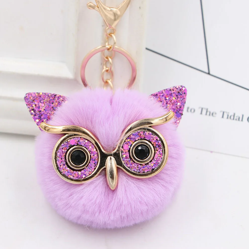 

Cute Fashion Women Handicraft Gold Dust Owl Fur Cony Hair Ball Pom Pom Charm Car Keychain Handbag Key Ring Pendant