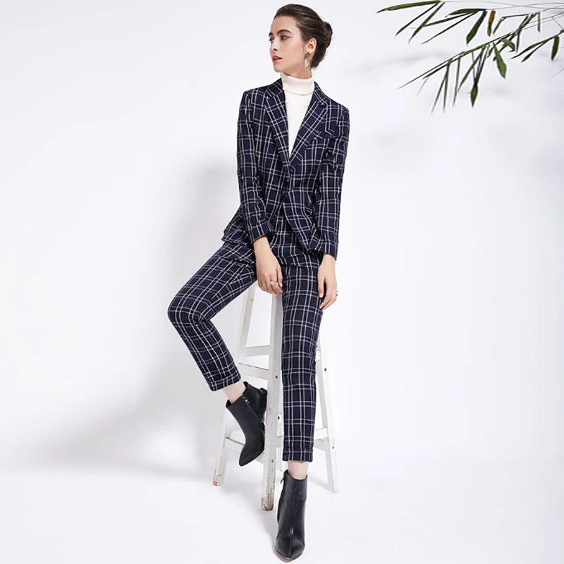 Autumn Winter Office Lady Plaid Sets Women High Quality