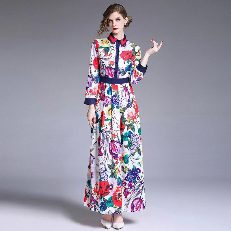 

2019 Spring Summer European Fashion Flower Printed Runway Dress Women Long Sleeve Turn-down Collar Elegant Maxi Dress Vestidos