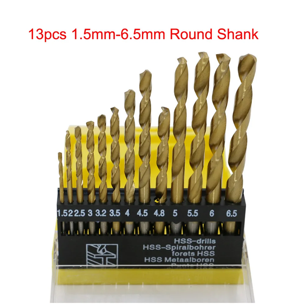 

13pcs/set Mini Twist Drill Bit HSS Titanium Coated Drill Bit Set Woodworking Metal Plastic Tools 1.5-6.5mm2-12mm Hex Round shank