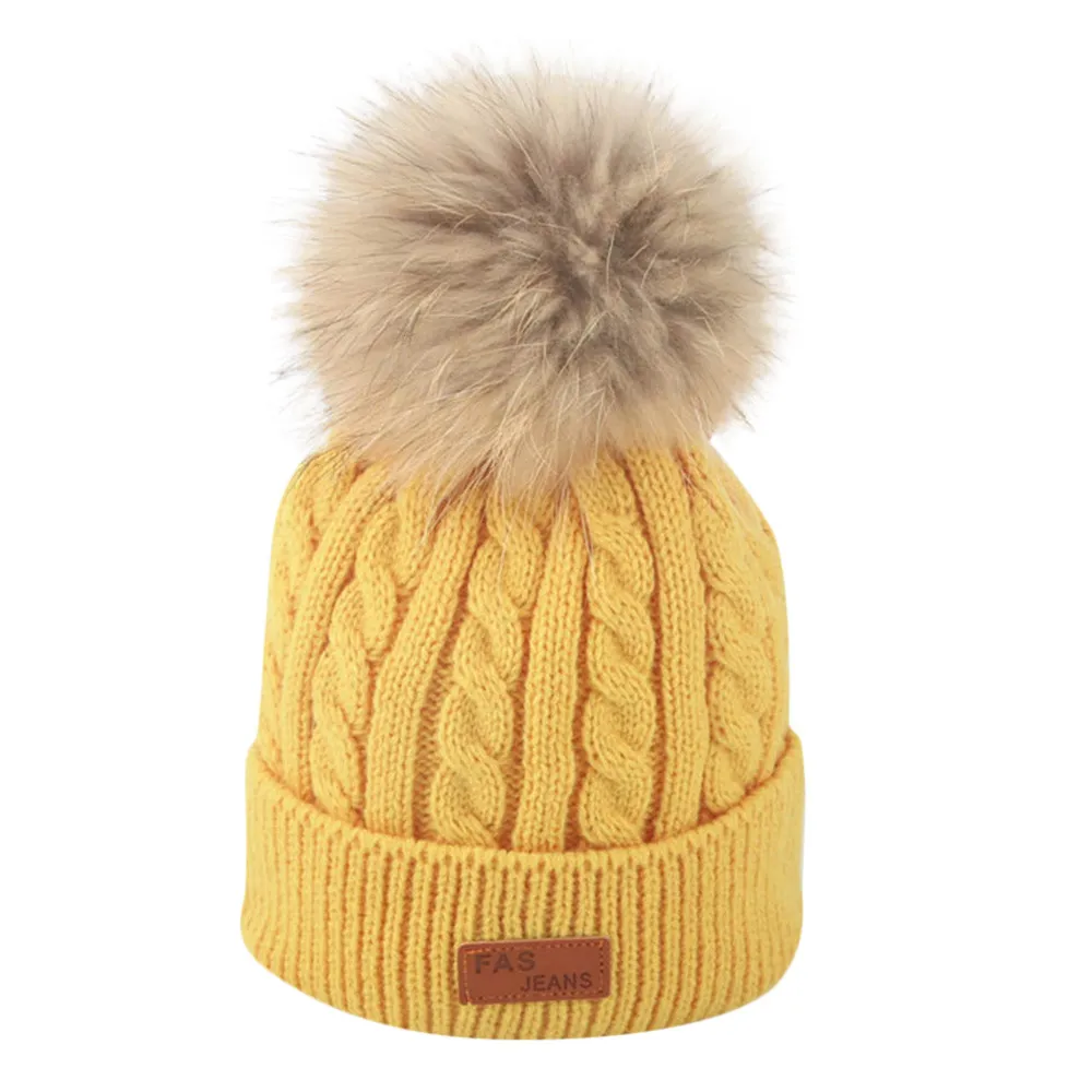 Зимние теплые вязаные шапочки для младенцев, детская Шапка-бини, вязаная шапка из искусственного меха с помпонами для малышей - Цвет: Yellow