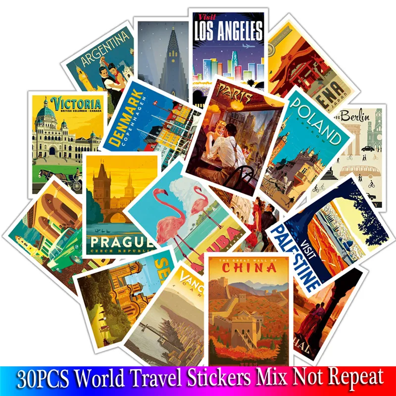

30PCS Pack World Travel Stickers For Travel Case Luggage Skateboard Motorcycle Laptop Fridge Kid Toy Stickers
