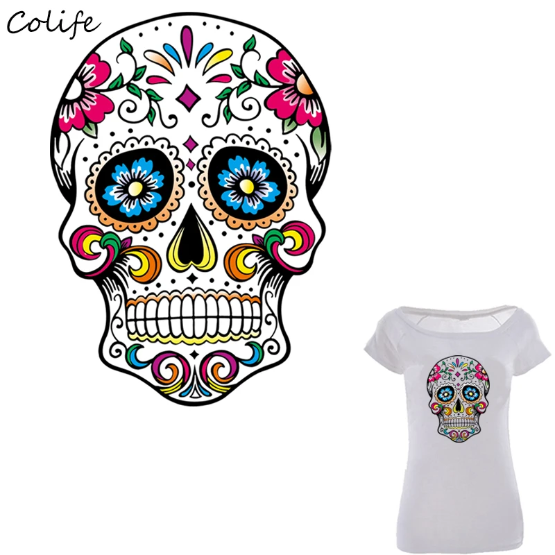 

Mexican Sugar Skull Patches Print On T-Shirt Clothes Decoration DIY Accessory Washable New Design Patches For Clothing 26x19cm