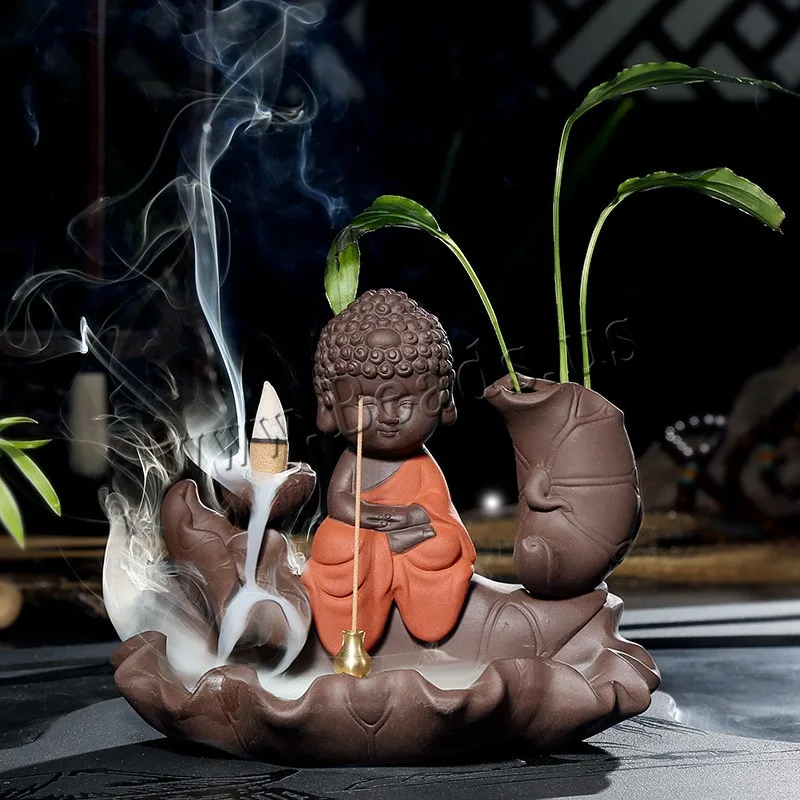

Ceramic Little Monk Waterfall Incense Burner Lotus Buddha Stick Incense Holder Backflow Incense Burner With 10pcs Incense Cones