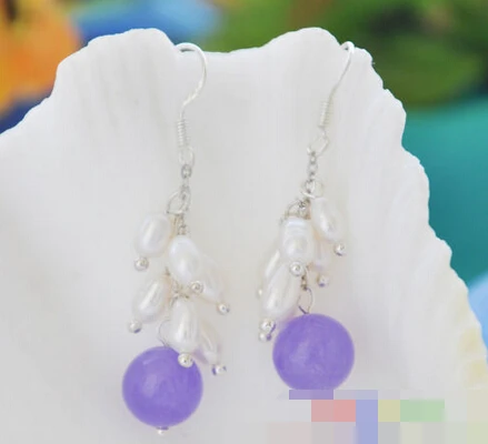 

1505 Violet round jade white rice pearl Grape dangle earring