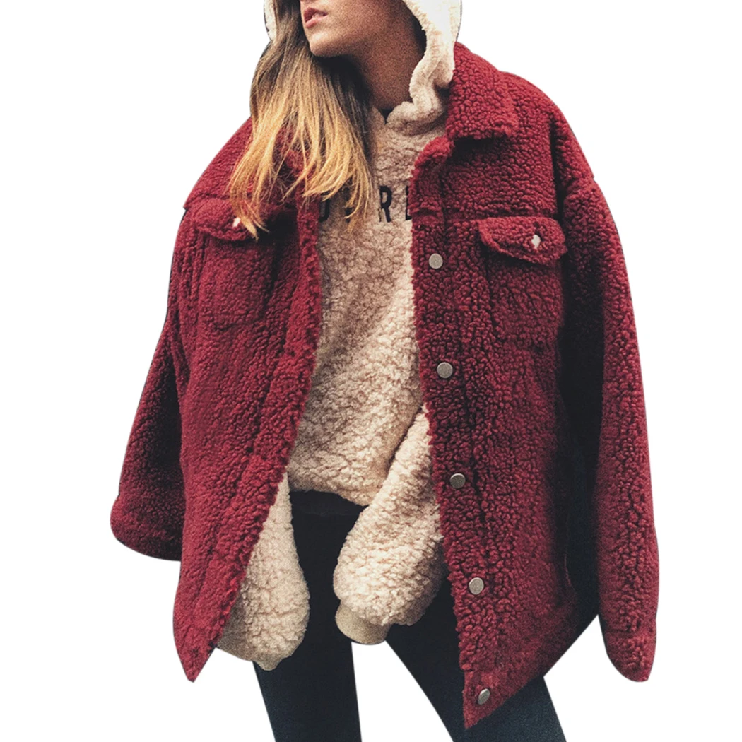 Women Faux Fur Teddy Coat Spring Winter Fluffy Warm Jackets Outwear Fashion Button Pocket Hairy Coats Female Overcoat Streetwear