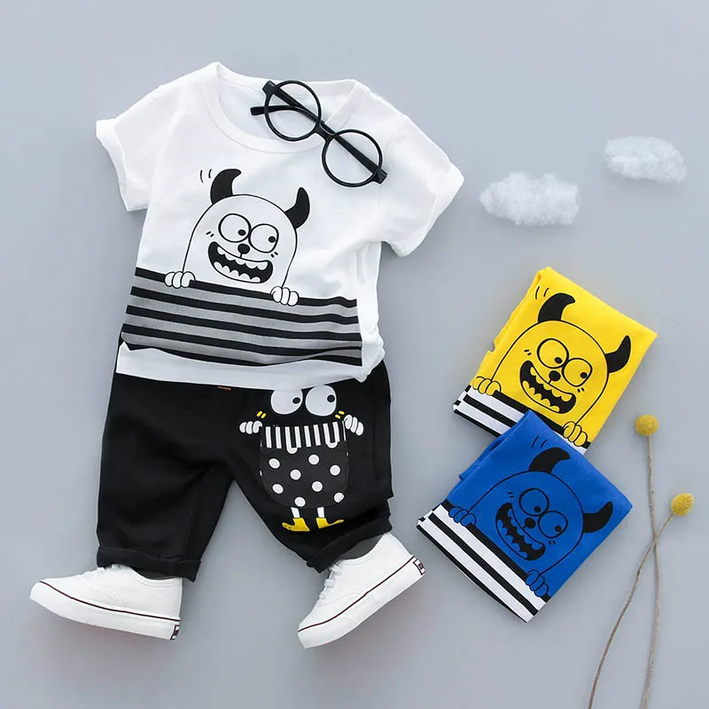

HYLKIDHUOSE 2018 Summer Infant Clothes Sets Baby Boys Clothing Sets Cartoon Stripe T Shirt Shorts Children Kids Holiday Clothes