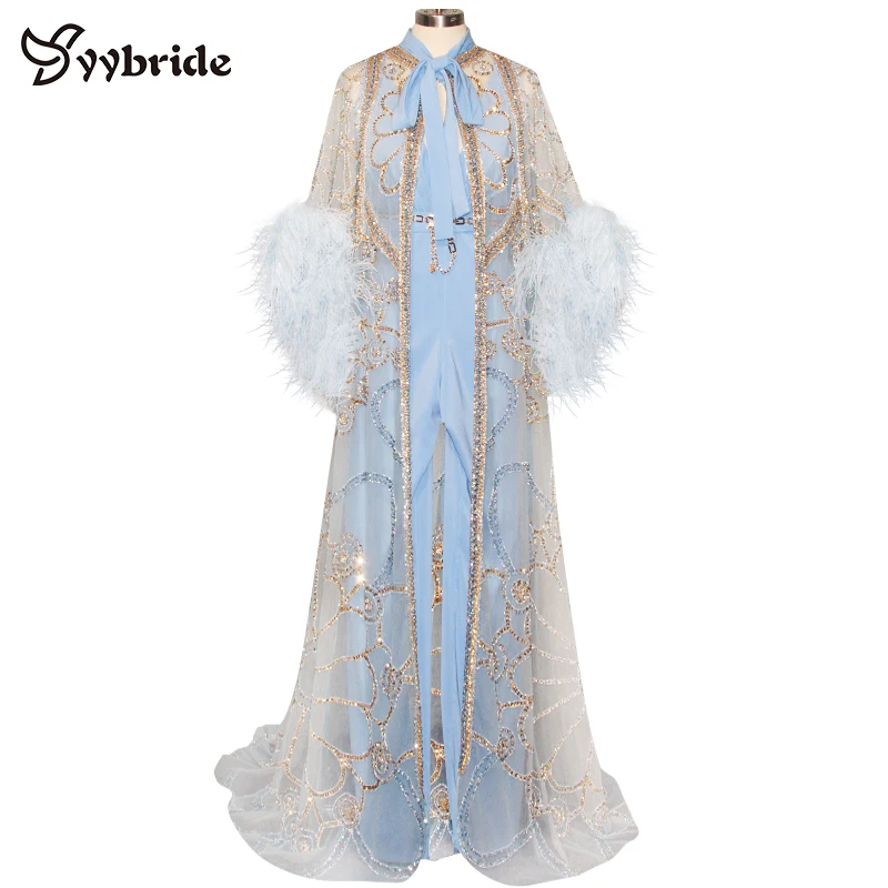 

YYbride New Design Two Pieces Muslim Dresses V-Neck Jumpsuits With Long Crystals Cape Gold beading Feathers Sleeves Prom Dresses